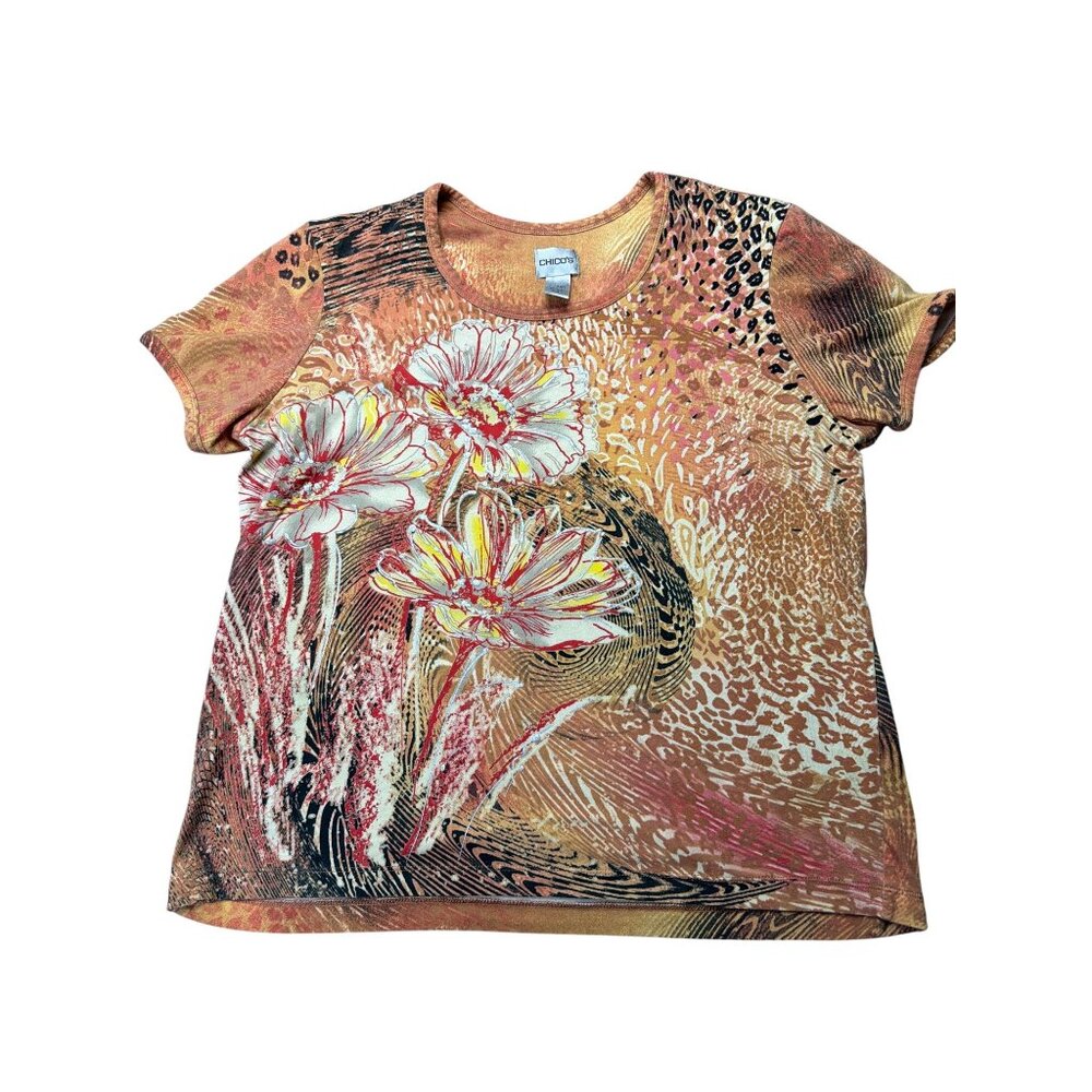 Chicos Women's Floral & Animal Print Short Sleeve Top Size XL Stretch Cotton